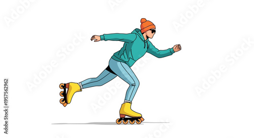 Person rollerblading with orange beanie and sunglasses, active lifestyle