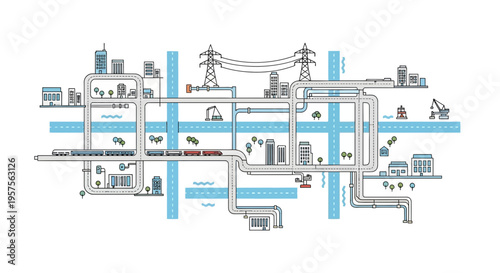 Urban Infrastructure Network: Cityscape with Utilities, Power Lines, and Transport Systems
