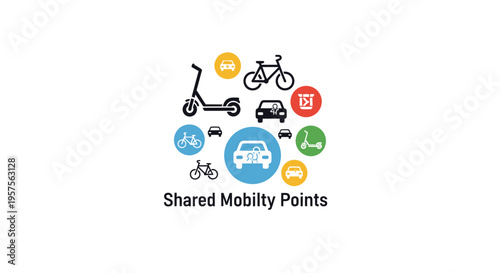 Shared Mobility Points: Electric Scooters, Cars, Bikes Icons on White Background