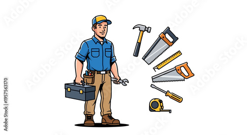Handyman with Tools and Toolbox - Construction Worker with Repair Equipment