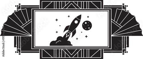 rocket ship blasting off into space with stars and moon