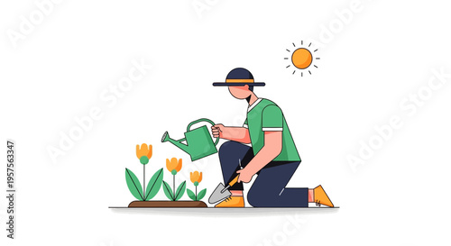 Gardener watering tulips with watering can, sunny day, flat illustration