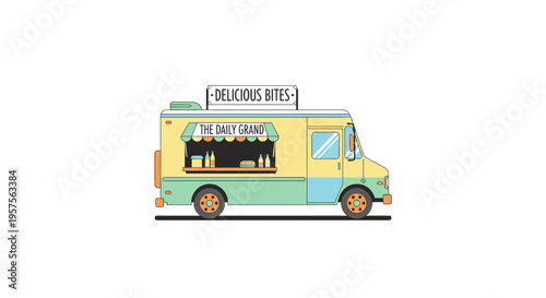 Colorful Food Truck "Delicious Bites" Serving Snacks on White Background, Vector Illustration