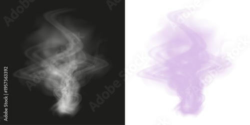Swirling smoke plume with soft flowing motion, shown in natural gray and glowing purple variations. Semi-transparent vapor isolated on dark background, ideal for effects and overlays.
