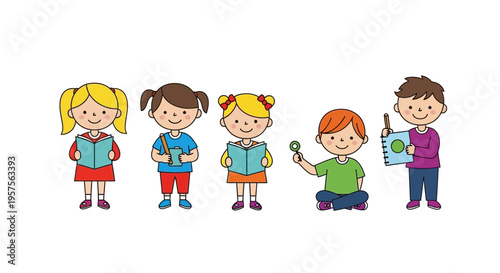 Diverse Kids Reading Books and Learning, Education, Childhood Fun, White Background