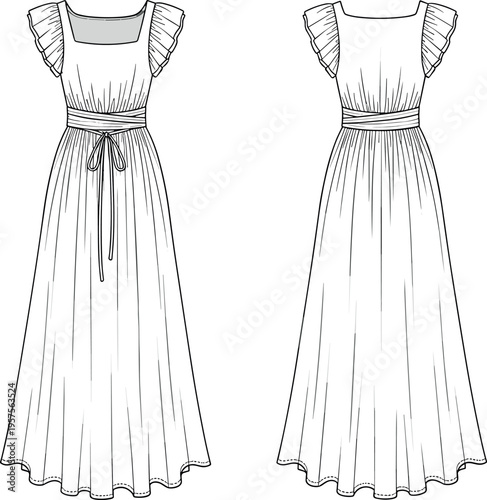 Fashion technical flat sketch of a women square neck maxi dress with flutter sleeves gathered bodice and waist tie detail