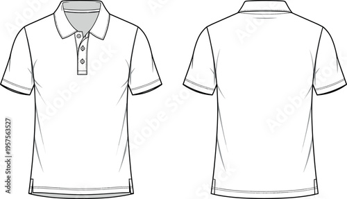 Blank men polo shirt vector illustration template with front and back views technical drawing for fashion design mockup and manufacturing.