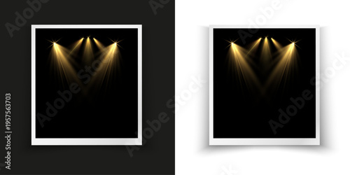 Square frame with soft shadows and depth effect, featuring a dark background with golden stage light beams. Ideal for posters, presentations, and promotional designs.
