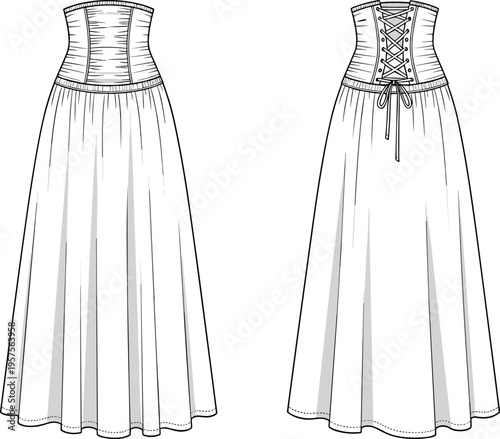 Technical Fashion Flat Sketch of a High Waisted Corset Maxi Skirt with Lace Up Back Detail and Flowing Long Silhouette