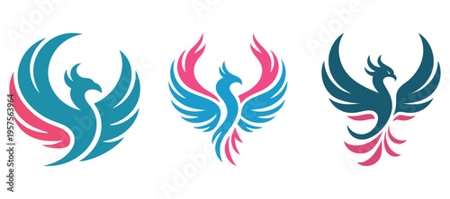 Photos Set of stylized phoenix logo icons, abstract mythical fire bird illustrations fo