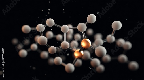 Abstract representation of molecular structure with glowing atoms on a dark background.