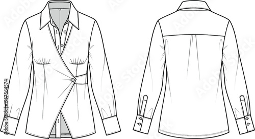 Women's Asymmetric Wrap Button-Down Shirt Technical Fashion Flat Sketch Vector Illustration with Long Sleeves Cuffs and Back Yoke Detail Pleats