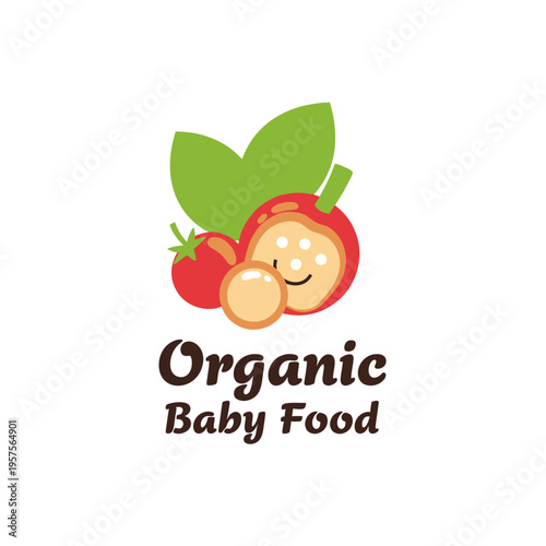 Organic Baby Food Logo Design with Fresh Fruits and Vegetables. Healthy Natural Nutrition for Infants and Toddlers. Eco-friendly Brand Identity Concept.