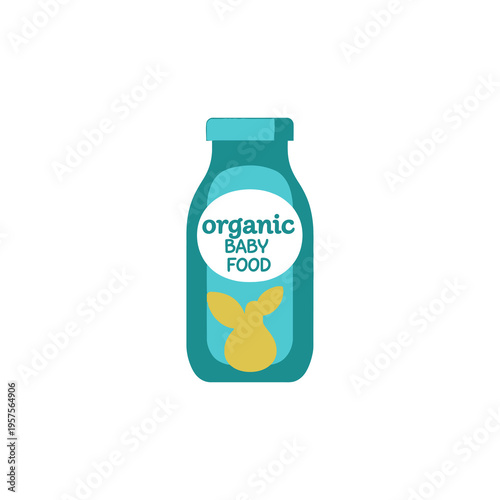 Organic baby food in a jar with a cute bunny illustration, representing healthy nutrition and childhood meals.