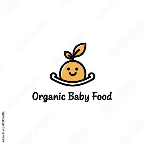 Cute organic baby food logo with a smiling sprout and leaf on a white background, representing healthy eating and natural ingredients.