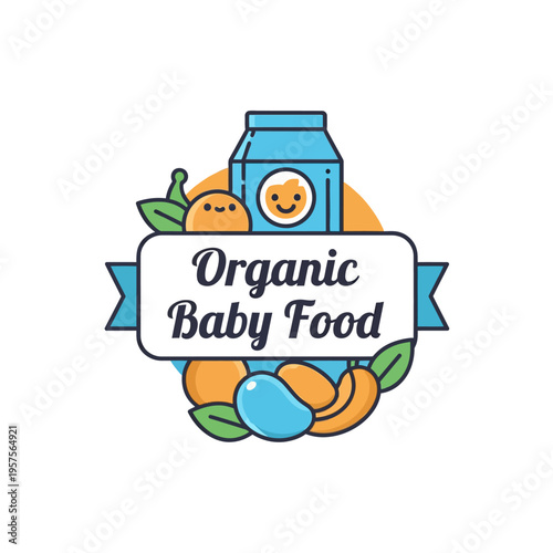 Organic Baby Food Logo. Healthy Natural Nutrition for Infants and Toddlers, featuring Fresh Fruits and Milk. Pure Ingredients for Child Growth, Vector Badge.