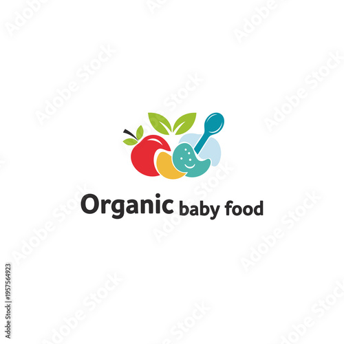 Organic baby food logo with fresh fruits, vegetables, and spoon, symbolizing healthy nutrition for infants