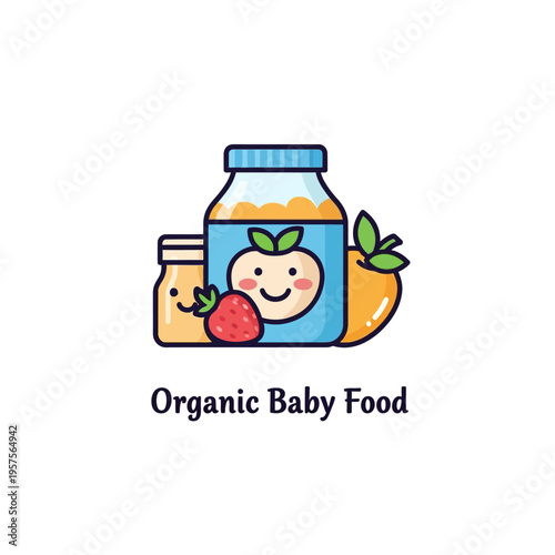 Cute cartoon baby food jars with fruits, organic food concept for infants, healthy eating, vector illustration
