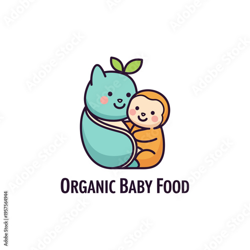Cute cartoon logo of a cat holding a baby, representing organic baby food and healthy nutrition for infants.