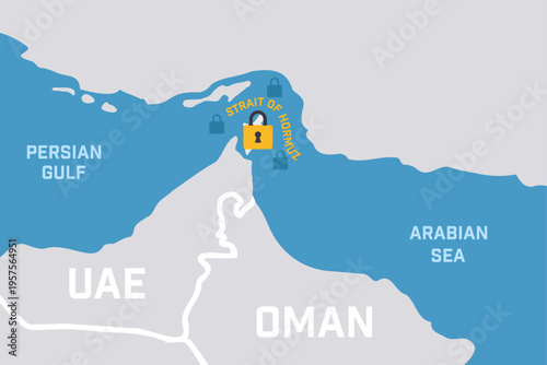 Strait of Hormuz locked, blocked. Trade disruption, impact on international shipping routes.