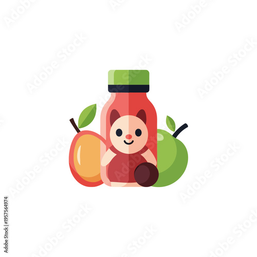 Cute cartoon baby food fruit puree bottle with apple and mango, perfect for healthy children's nutrition and organic snacks. Flat vector illustration.