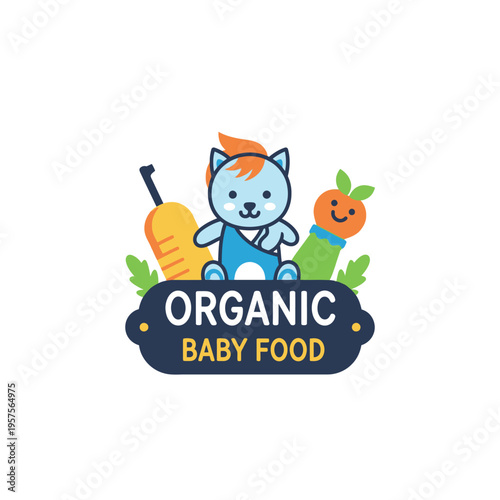 Cute cartoon cat character with organic vegetables, logo for baby food, healthy eating, natural ingredients