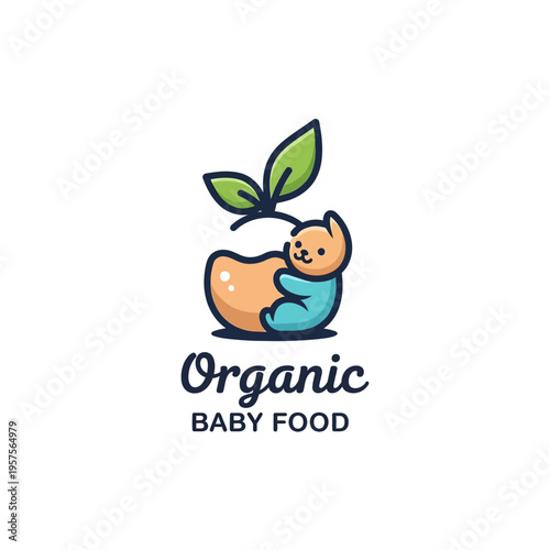 Cute cartoon logo for organic baby food, depicting a friendly cat character hugging a fresh fruit with green leaves, symbolizing natural, healthy infant nutrition.