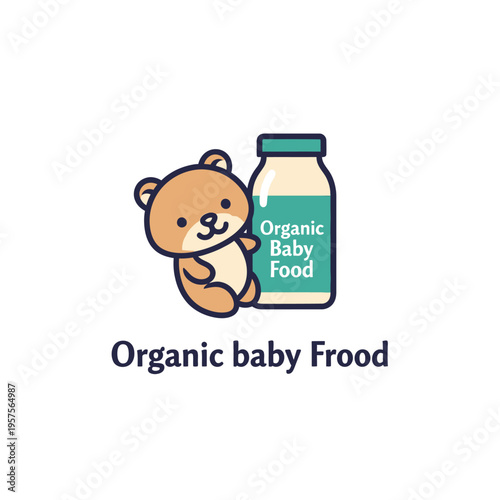 Cute cartoon bear mascot holding an organic baby food bottle, illustrating healthy and natural nutrition for infants and toddlers, playful vector design.