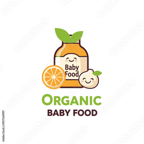 Organic Baby Food Logo Design. Healthy and natural puree for infants and toddlers. Cute jar with fruit and leaves, vector illustration for nutrition brands.
