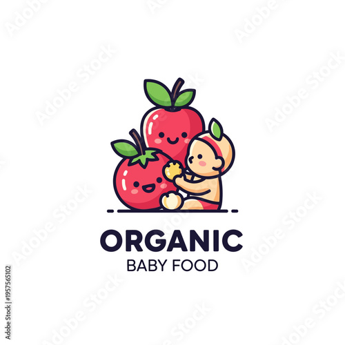 Cute cartoon baby with happy tomatoes, organic baby food logo design