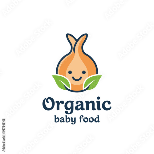 Cute cartoon organic onion character logo for healthy baby food brands. Natural and nutritious meal symbol for children's diet and healthy eating.