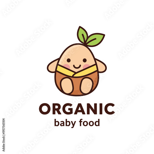 Cute organic baby food logo with cartoon sprout character, healthy eating, natural ingredients, baby nutrition, childhood, growth