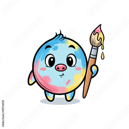 Cute Cartoon Character Holding Paintbrush, Creative Art Concept