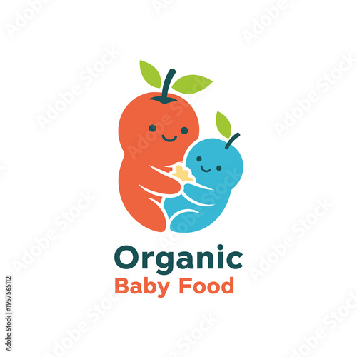 Cute organic baby food logo with apple and pear characters hugging, healthy eating concept