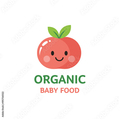 Cute cartoon organic baby food logo design featuring a happy red fruit character with green leaves, perfect for healthy child nutrition branding and packaging.