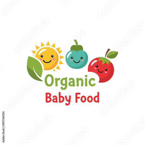 Cute Organic Baby Food logo design with happy sun, fruit, and vegetable characters. Healthy natural nutrition for infants and toddlers.