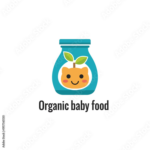 Cute organic baby food logo icon, a smiling orange character in a jar with green leaves, representing natural and healthy infant nutrition products, vector illustration.