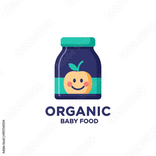 Cute organic baby food jar with smiling peach cartoon character logo, healthy nutrition for infants