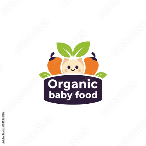 Cute cartoon character with peppers and leaves for organic baby food label design, healthy natural nutrition for infants and toddlers, eco-friendly product.