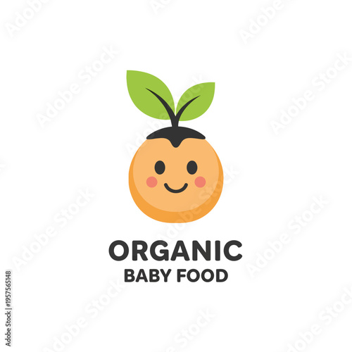 Cute organic baby food logo design featuring a smiling plant sprout character with green leaves. Healthy natural nutrition for infants and toddlers.
