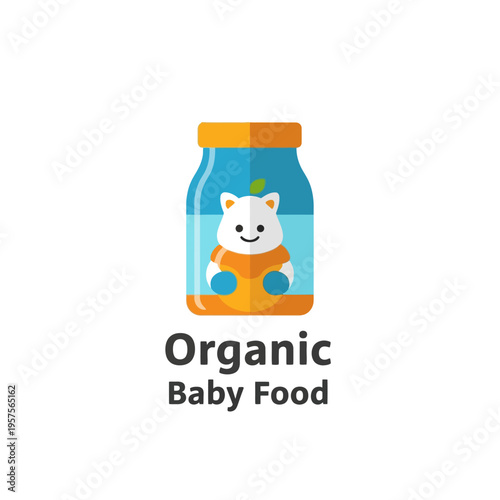 Cute organic baby food logo with a happy animal in a jar, perfect for healthy infant nutrition branding and natural product packaging