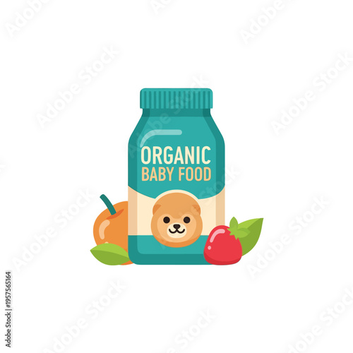 Organic baby food jar with cute bear label, fresh apple and strawberry. Healthy infant nutrition, natural fruit puree for toddlers. Flat vector illustration.