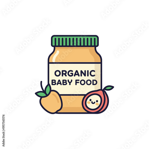 Cute cartoon illustration of organic baby food in a jar with fruits, representing healthy nutrition for infants and toddlers.