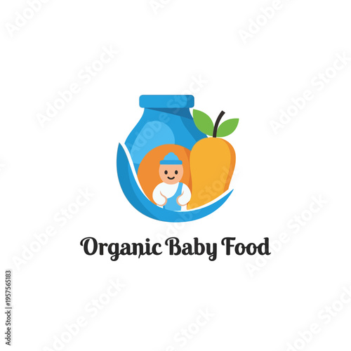 Organic Baby Food Logo - Cute illustration of a baby, jar, and fruit, symbolizing healthy and natural nutrition for infants.