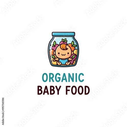 Cute cartoon baby inside a jar filled with organic fruits and vegetables, text "ORGANIC BABY FOOD"