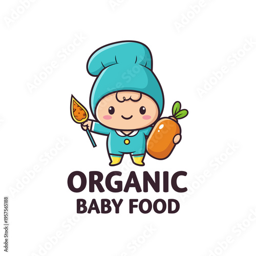 Cute cartoon baby character holding a spoon with food and a carrot, promoting organic baby food.