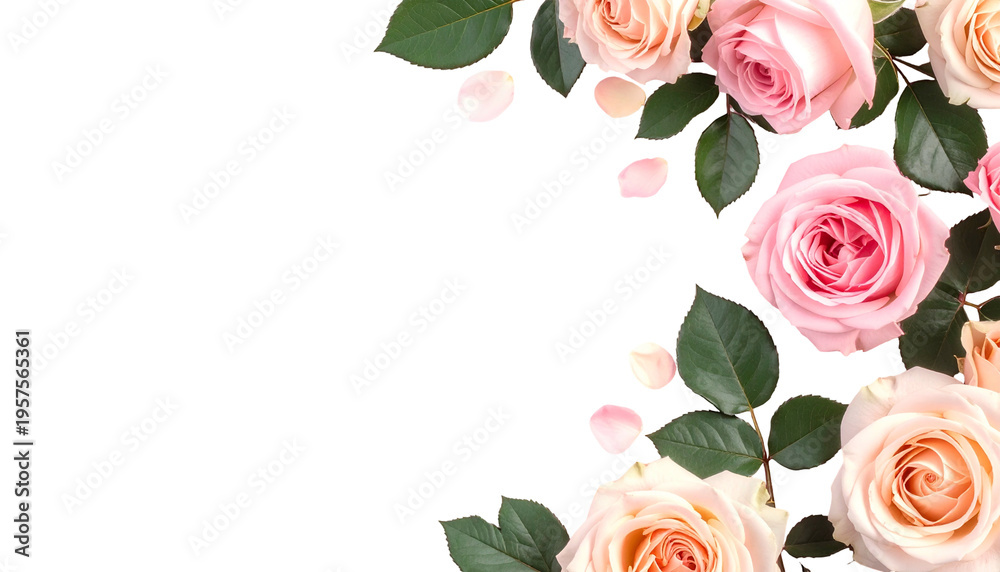 Naklejka premium Delicate pink and peach roses with green leaves frame a black backdrop