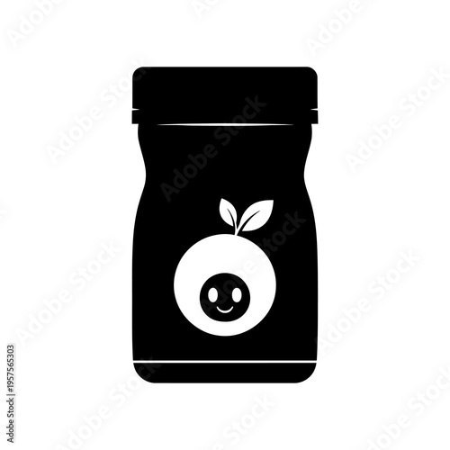 Minimalist black silhouette icon of a healthy fruit juice bottle with a cute smiling orange logo, perfect for food packaging, organic products, and healthy beverage branding.