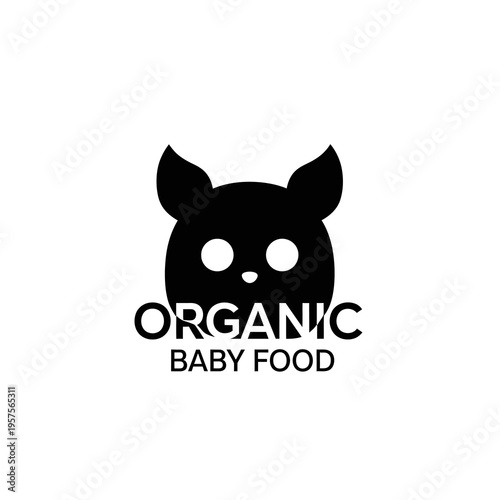Cute black cat logo for organic baby food, featuring text 'ORGANIC BABY FOOD' and a stylized animal face.