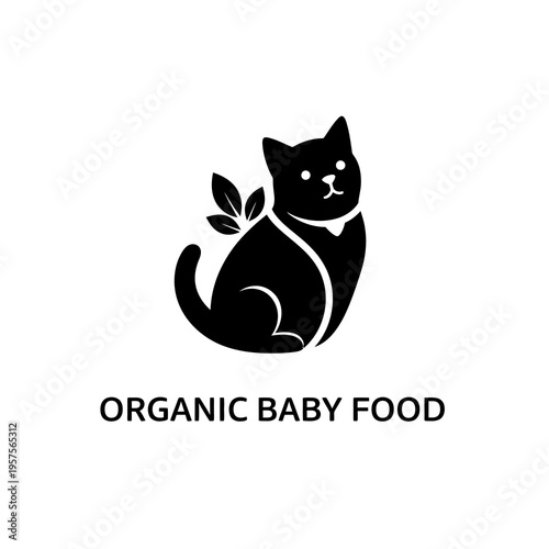Minimalist black cat logo with green leaves, symbolizing organic baby food. Perfect for pet food brands, healthy products, and eco-friendly packaging.
